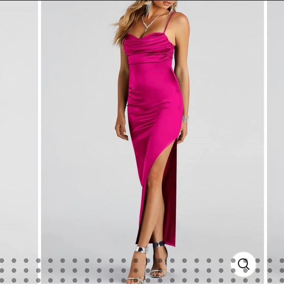 NWT ANRABESS Spaghetti Strap Bodycon High Slit Pink Satin Maxi Dress Size Medium - Picture 2 of 13